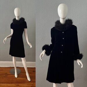 Vintage 50s 60s Black Velvet Fur Trim 2 Pc Jacket Dress Set M